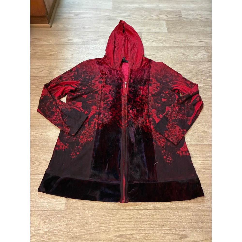 Style & Co Red Black Ombre Velvet Filigree Zip Up Hoodie Jacket Womens XL Gothic